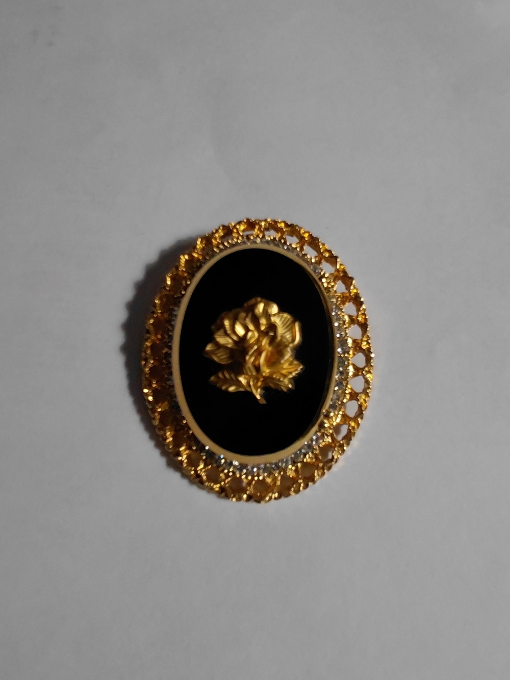 Gold Floral Oval Brooch with Black Center - Women's Elegant Pin